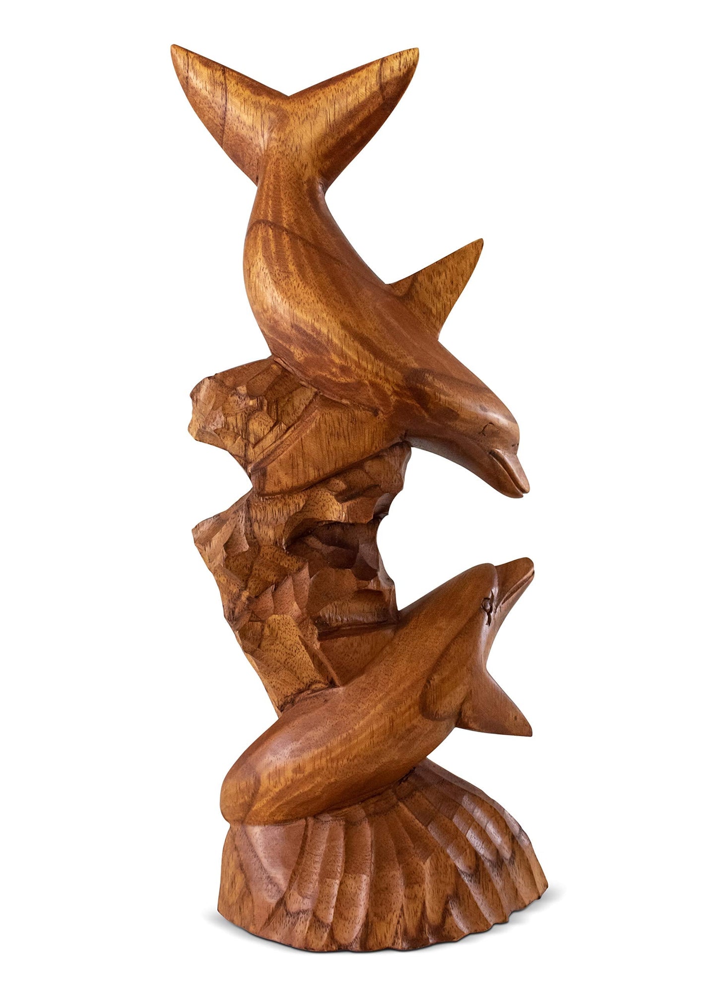 G6 Collection Wooden Hand Carved Dolphin Statue Sculpture Wood Decorative Home Decor Accent Figurine Handcrafted Handmade Seaside Tropical Nautical Ocean Coastal Decoration (2 Dolphins on Coral, 12")