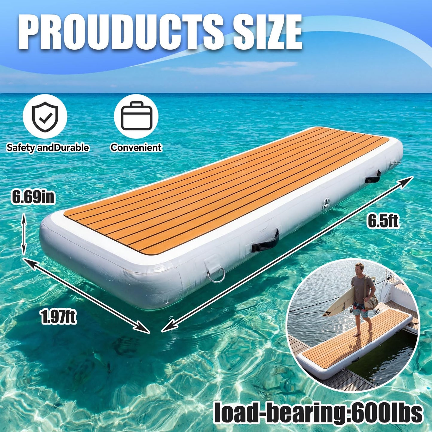 Teyva Daily Inflatable Gangway for Boats and Yachts, 6.56 ft Gangway for Boat Dock, Portable, Durable PVC, Non-Slip Surface, Stainless Steel D-Rings, for Sport Yacht Dock Water Platform