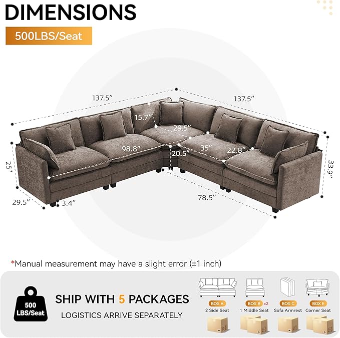 113'' V Shaped Cloud Sectional Sofa, Oversized Deep Seat Couches