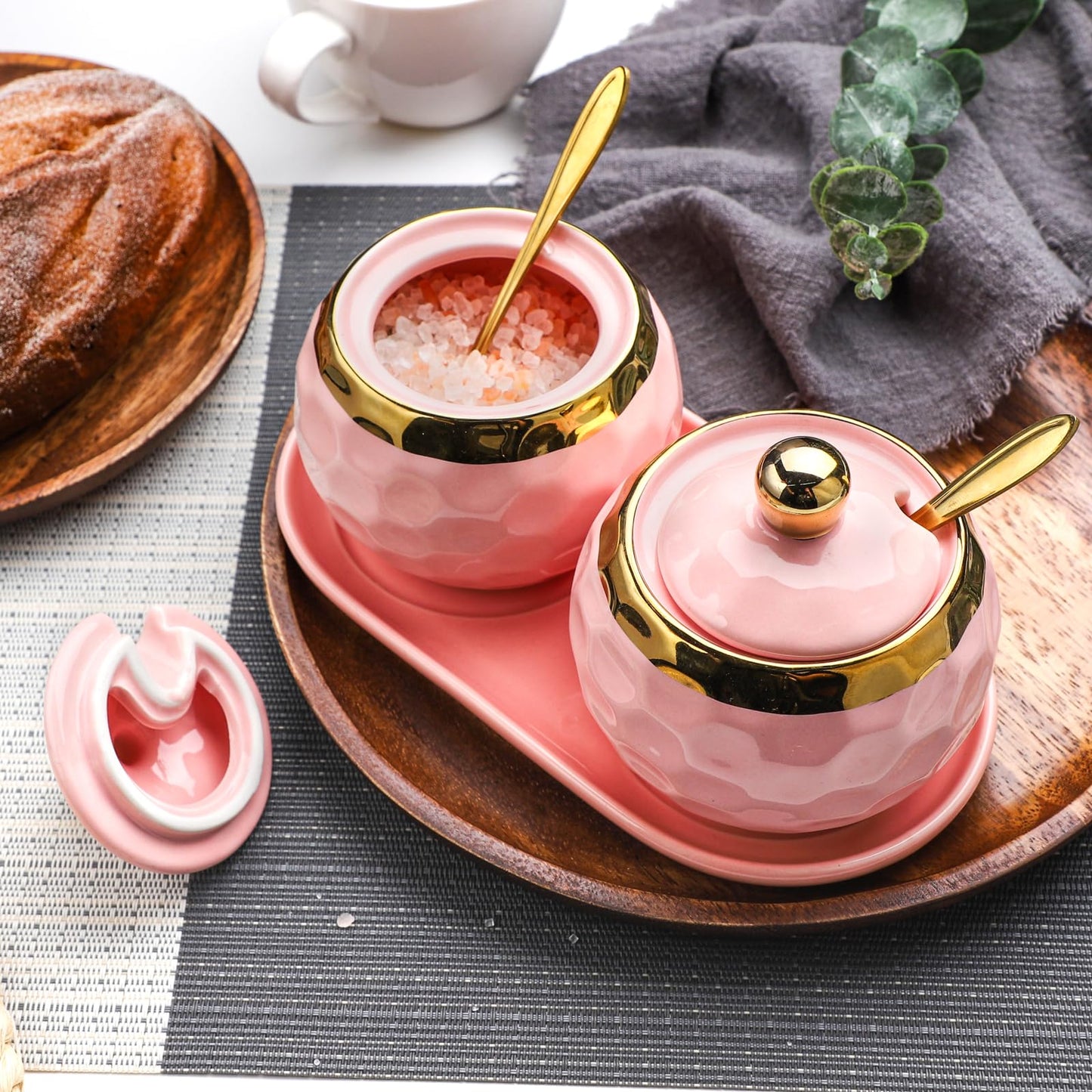 Sailench 10oz Ceramic Sugar Bowl, Golf Design Porcelain Salt Bowl Salt Container Sugar Bowl with Lid and Spoon for Home and Kitchen Coffee Bar (Pink (2pcs))