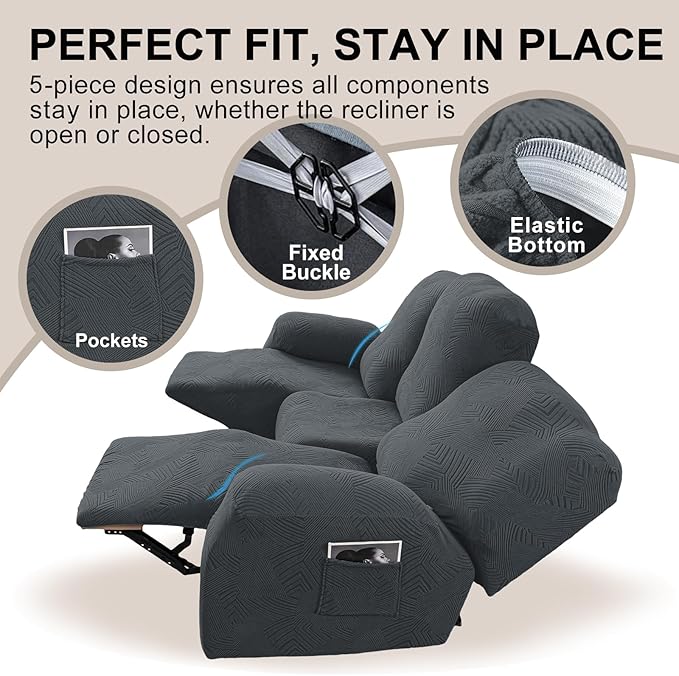 5-Piece Recliner Sofa Covers, Stretch Geometric Strokes Jacquard Recliner Sofa