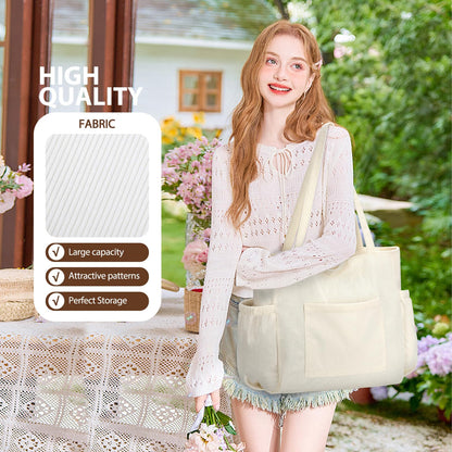 Corduroy Tote Bag for Women, Large Capacity Cute Tote Bags With 6 Pockets, Laptop Tote Bag Crossbody Shoulder Handbag Teacher Nurse Bags for Work Travel Gym(Beige)