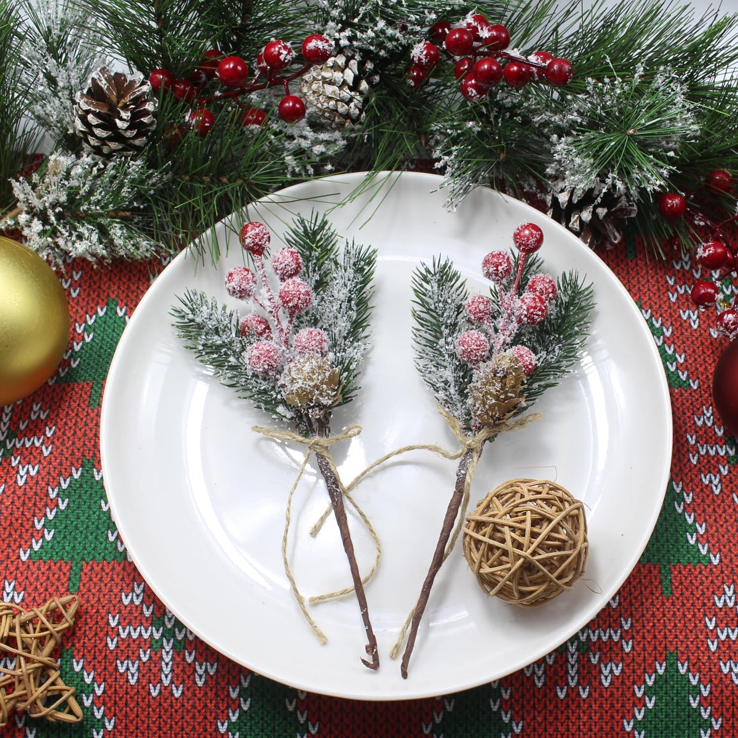 Christmas Floral Picks and Sprays, Pine Cones for Crafts, 20 Pack 8 Inch Christmas Flowers Picks, Red Berry Stems, Artificial Greenery for Holiday Wreaths, Garlands, Crafts, Gift Wrap (20)