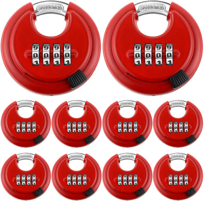 Maitys 10 Pack 4 Digit Combination Locks Stainless Steel Code Disc Lock Combo Padlock with Hardened Steel Shackle for Sheds Locker Storage Unit Gym Fence Gate Outdoor Indoor, Round (Red)