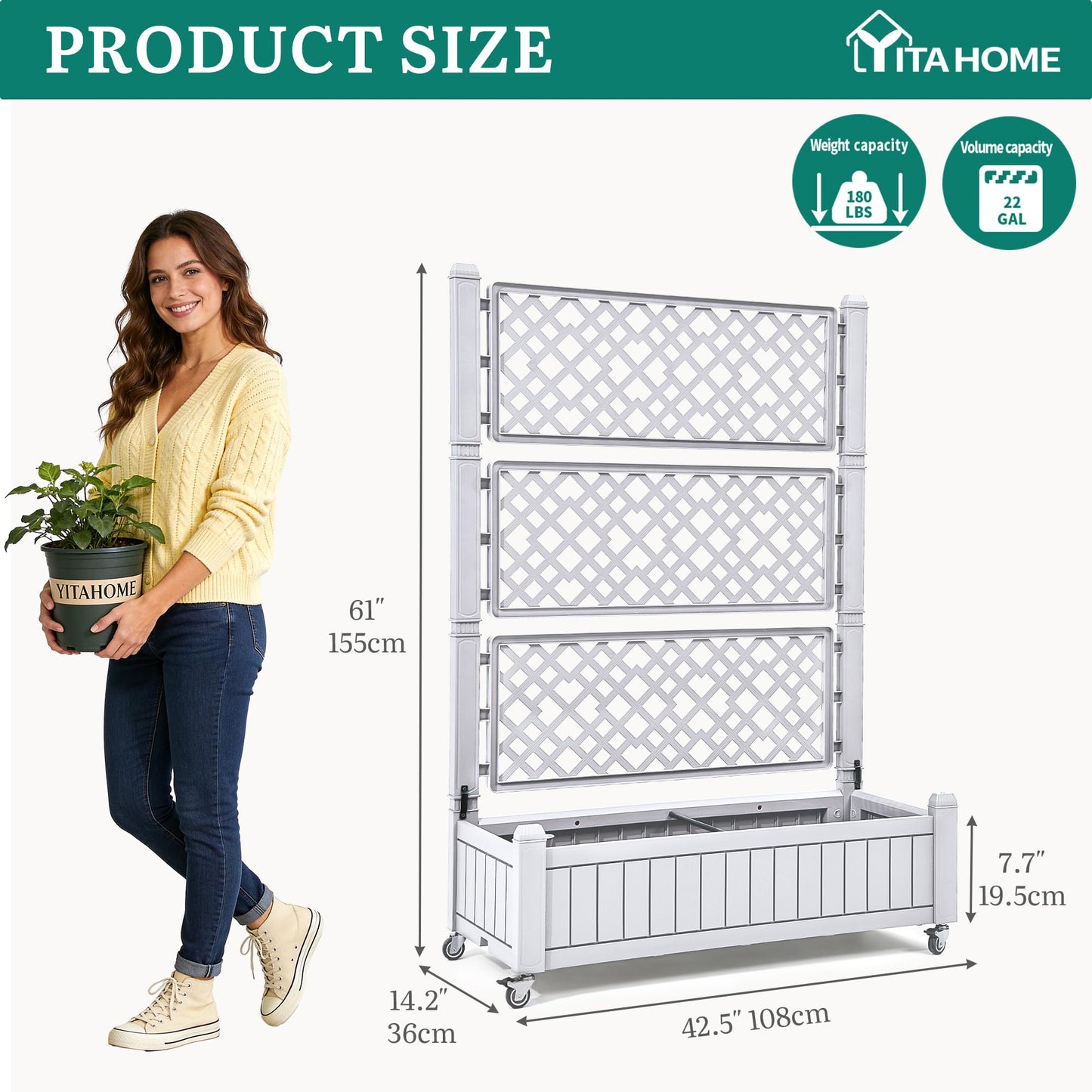 YITAHOME 42.5x14.2x61 in Planter Box with Trellis/Outdoor Privacy Screen, All-Weather Raised Garden Bed with Wheels & Drain Plug for Climbing Plants Flowers Herbs, White