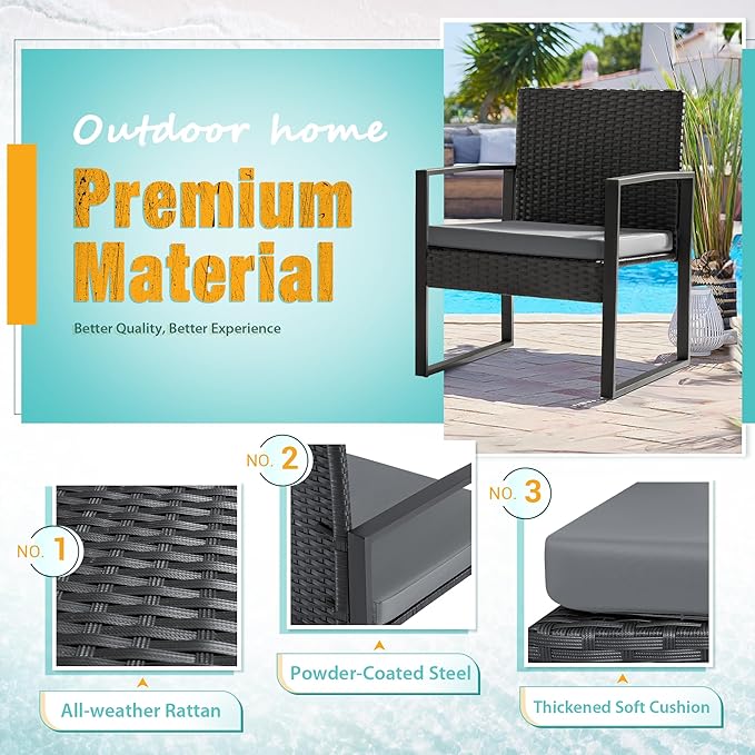 Flamaker 3 Pieces Patio Set Outdoor Wicker Furniture Modern Bistro Rattan Chair Conversation Sets with Coffee Table for Yard (Grey)