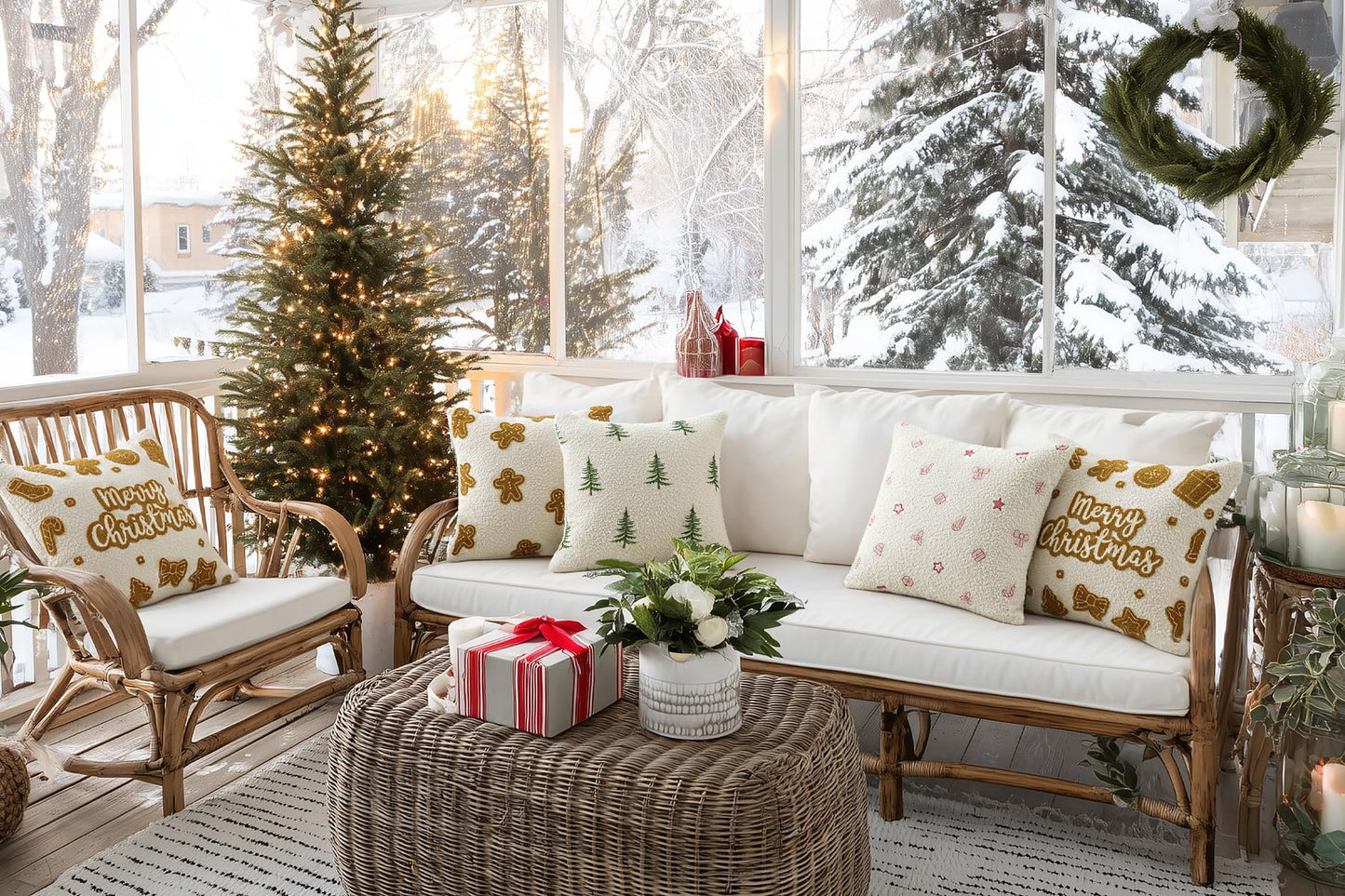 SINYASAN 1 Pack Christmas Tree Throw Pillow Covers 18"x18" White Boucle Pillow Cases with 3D Embroidery Decorative Holiday Winter Thanksgiving Decorations for Couch Sofa Living Room