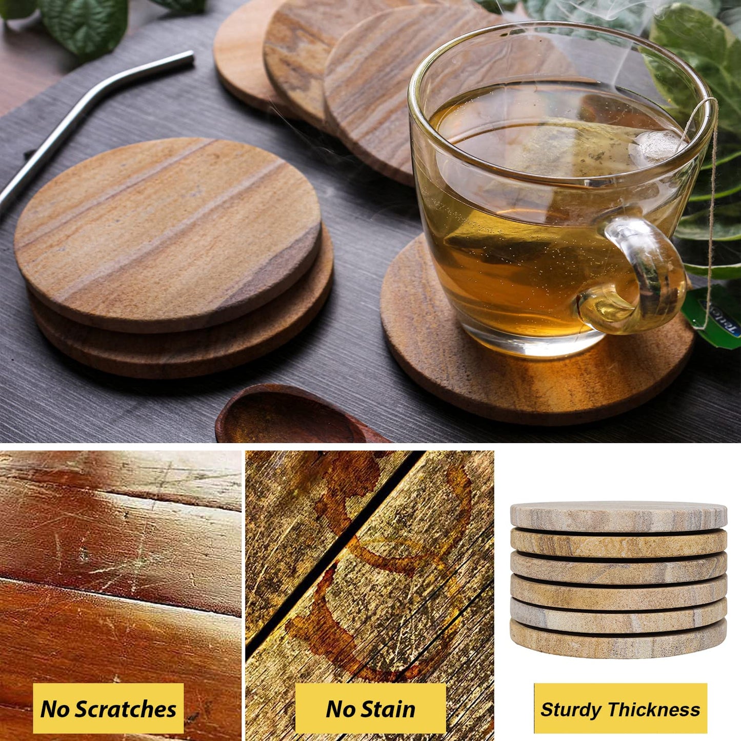 Marbco Sandstone Water Absorbent Hand Crafted Round Coasters for Drinks - 4 Inches Wide Thirsty Stone Bar/Drink Coasters- Made from Rainbow Sandstone (Set of 6 Without Holder)