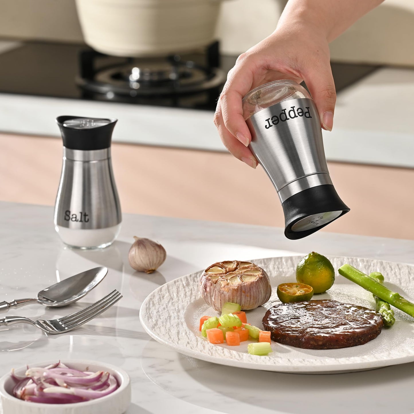 Fox Run Modern Salt and Pepper Shakers, Set of 2 Kitchen Shakers with 4 Ounce Capacity