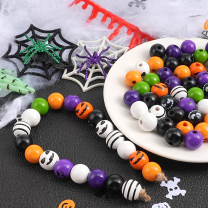 200 Pcs Halloween Wooden Beads Round Loose Beads for Craft Spacer Bead with Twine for Party Tiered Tray Garland Farmhouse Garden DIY Decor