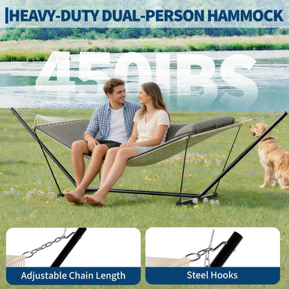Heavy Duty 2 Person Double Hammock with Portable Adjustable Steel Stand, Outdoor Hammock with Pillow for Patio, Garden, Beach, Backyard Camping