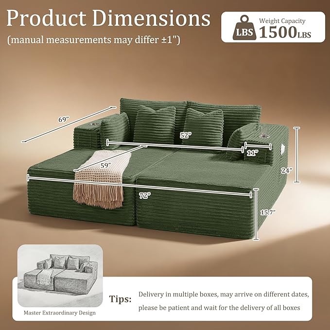 72" Cloud Sectional Couch, Comfort Sleep Sofa