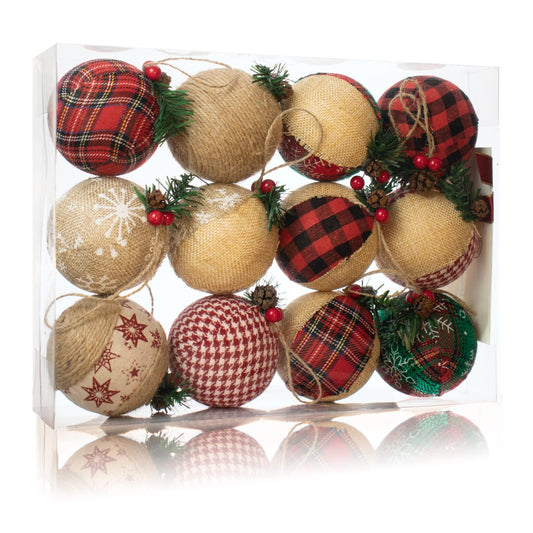 12 Pcs Burlap Christmas Ball Ornaments, 3.15 Inches Rustic Buffalo Plaid Christmas Tree Ornaments, Natural Jute Farmhouse Decorations for Xmas Tree, Holiday, Party