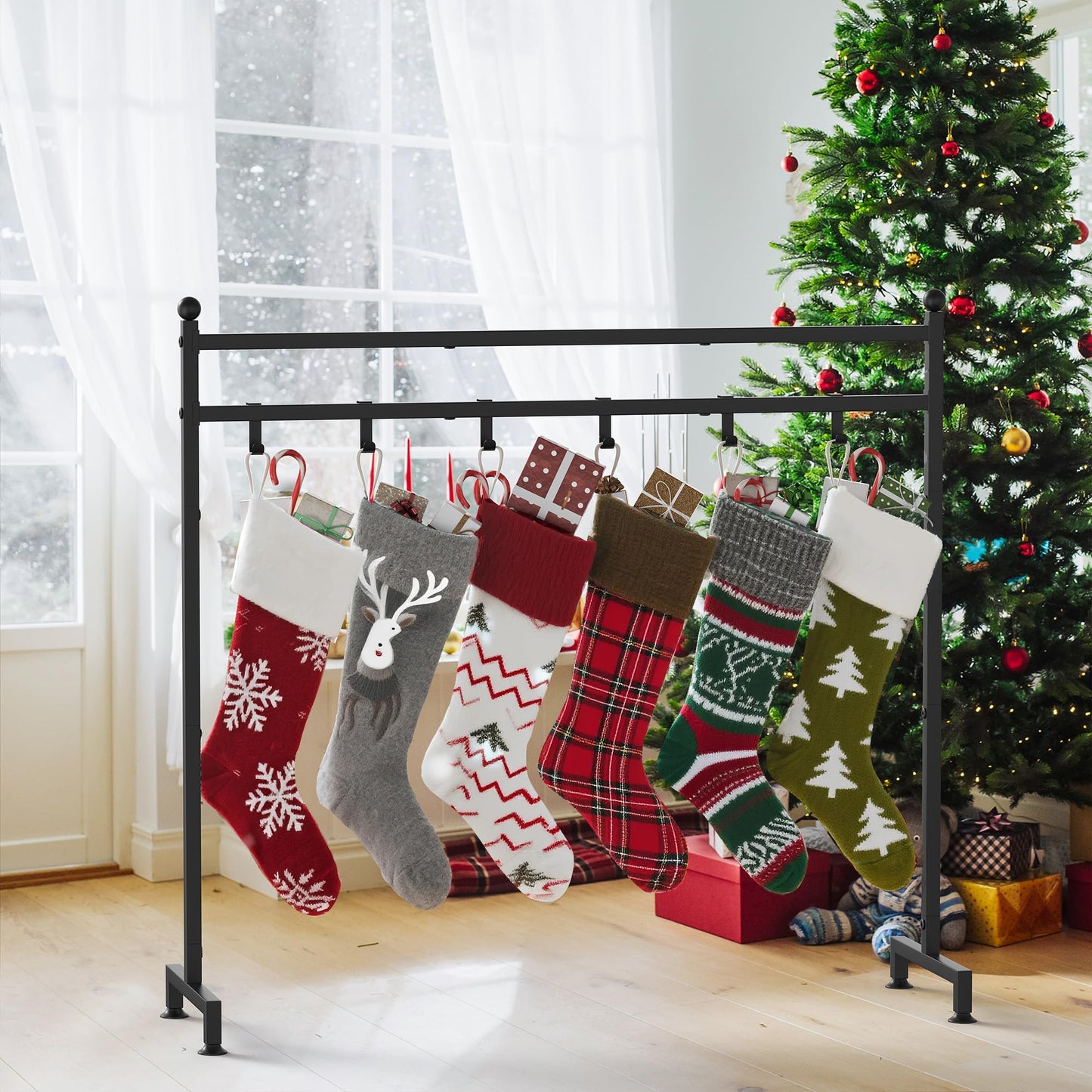 GloTika Christmas Stocking Holder Stand with 8 Hooks, Heavy Duty Freestanding Christmas Stocking Stand for Floor, Metal Holiday Decor Hanger Display for Fireplace Xmas Holiday Decoration