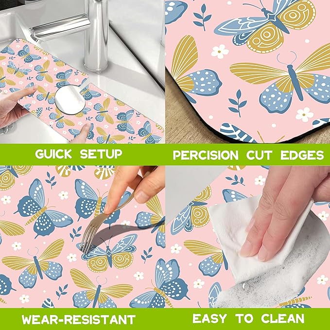 Butterflies and Chamomile Kitchen Sink Splash Guard Faucet Mat Super Absorbent