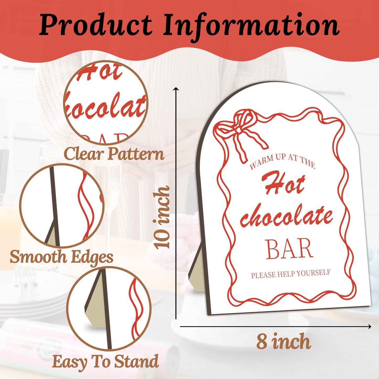 Hot Chocolate Bar Wooden Sign, Red Bow Winter Party Decor, Cocoa Drink Station Sign for Baby Shower, Bridal Shower, Christmas Holiday Party Table Decorations, Red Bow Hot Chocolate Setup Board Decor