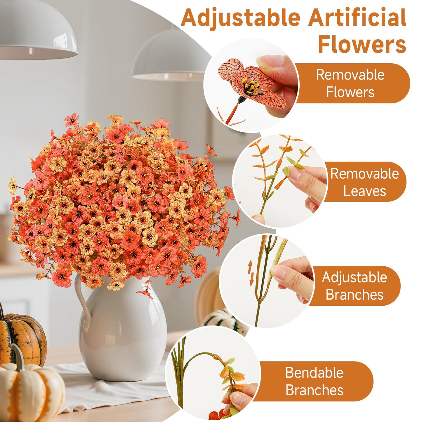 Alupssuc 24 Bundles Autumn Artificial Flowers Outdoor Decorations, Silk Violet Plastic Fake Flower Plants for Hanging Baskets Garden Porch Window Home Vases Wedding Farmhouse Decor, Orange and Red