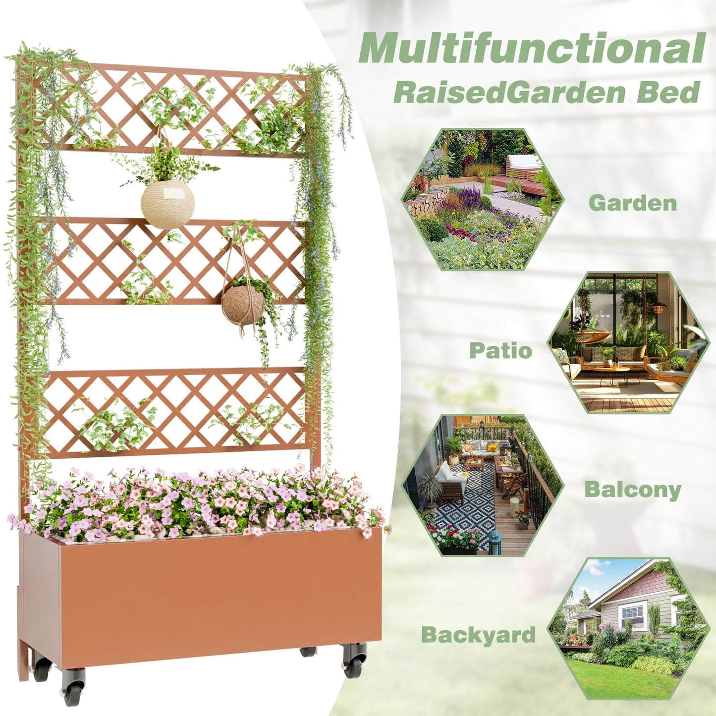 Kinchox Metal Raised Garden Bed with Trellis Outdoor Metal Planter Box with Planting Pockets Garden Box for Climbing Plants Privacy Planters for Patio