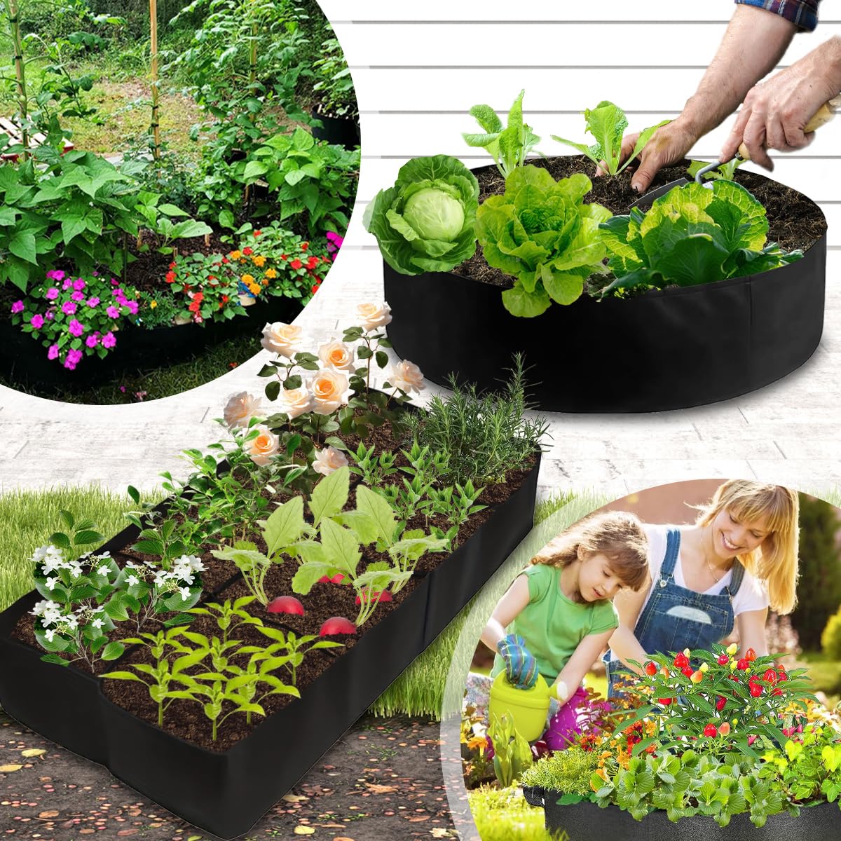 Kasoyo (2 Pack) 128 Gallon Rectangular Planting Bags and 50 Gallon Round Flower Bed Planting Bags, Suitable for Growing Vegetables, Potatoes and Flowers in The Garden