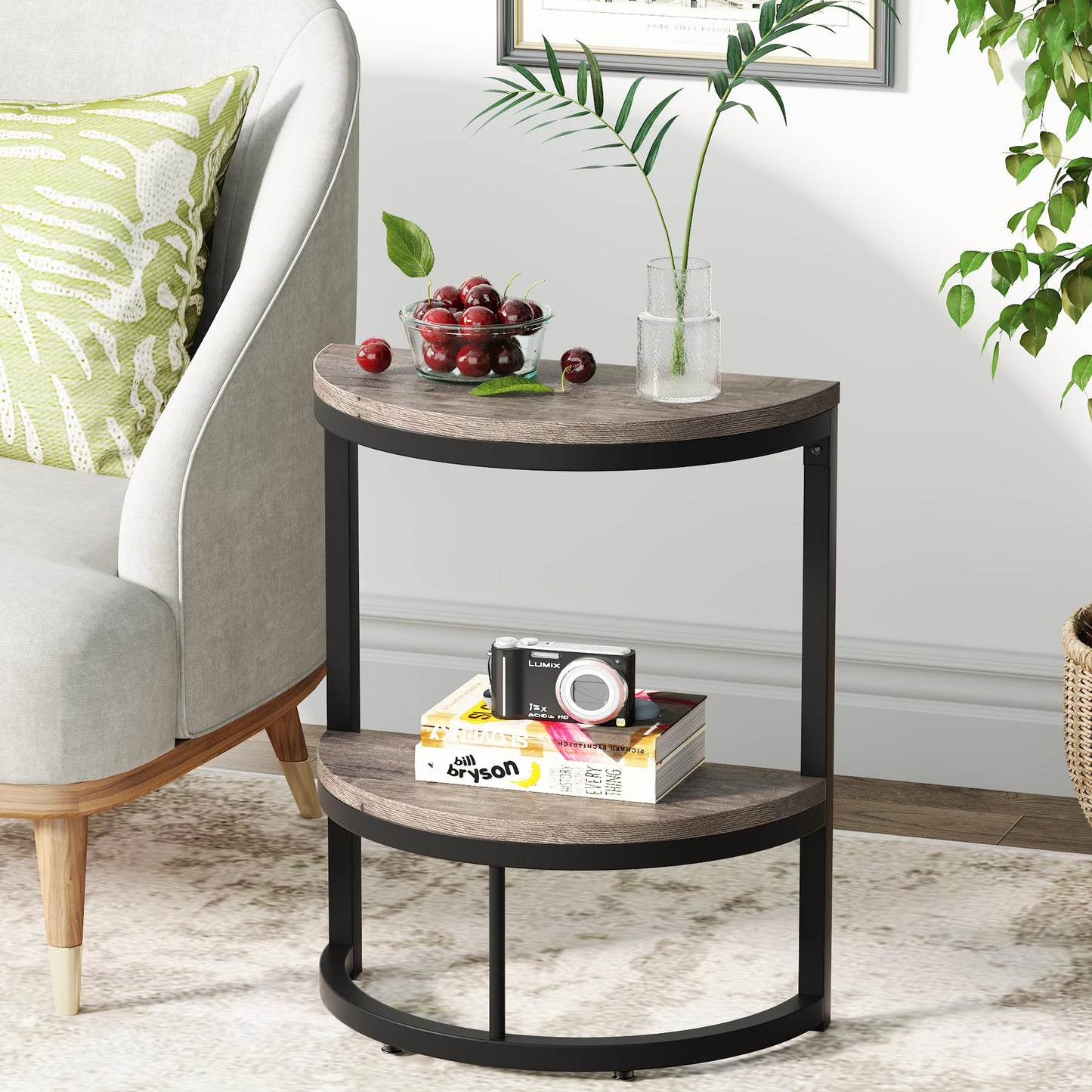 Tribesigns 2-Tier End Table Semi Circle, Small Half Round Side Table with Storage Shelf, Wood Accent Table Slim C Table for Sofa Couch, Living Room, Bedroom, Easy Assembly, Rustic Grey & Black
