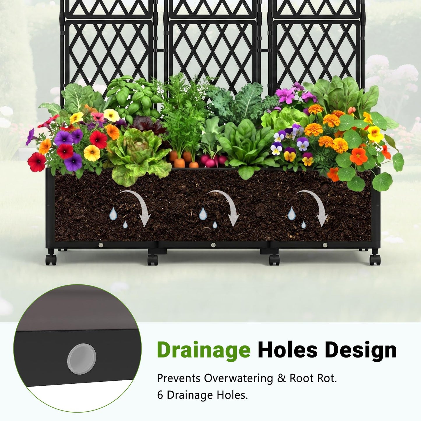 DoCred 63" H Raised Garden Bed Planter Box with Trellis, Floorstanding Vertical Horticulture Planter Box Tomato Cage with Wheels for Vine Climbing Plants, Flowers, Herbs