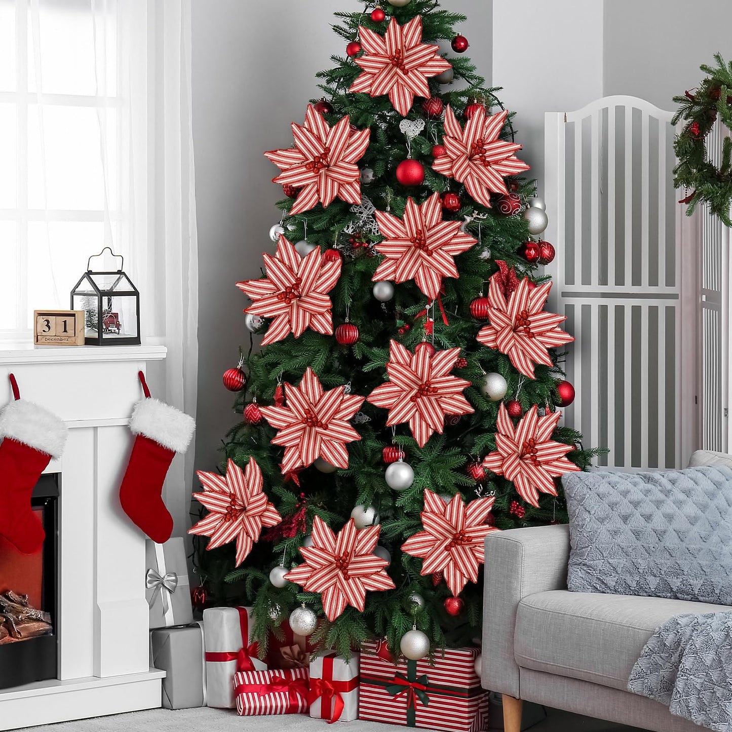 Soulchen 12 Pcs 12'' Red and White Christmas Poinsettia Candy Cane Poinsettia Christmas Tree Ornaments Peppermint Flower Tree with Stems Topper for DIY Xmas Wreath Garland Holiday Party Decor
