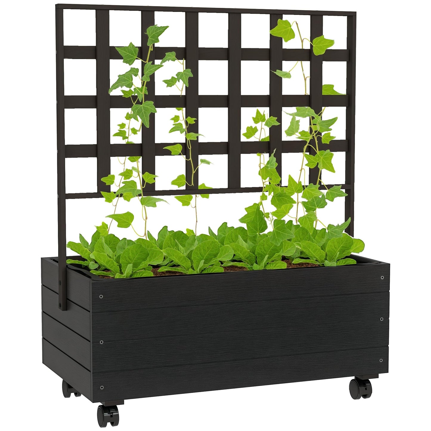 Outsunny Raised Garden Bed with Trellis and Wheels, Outdoor Wooden Elevated Planter Box, Freestanding Raised Flower Bed for Climbing Plants, Flowers, Herbs and Vegetables