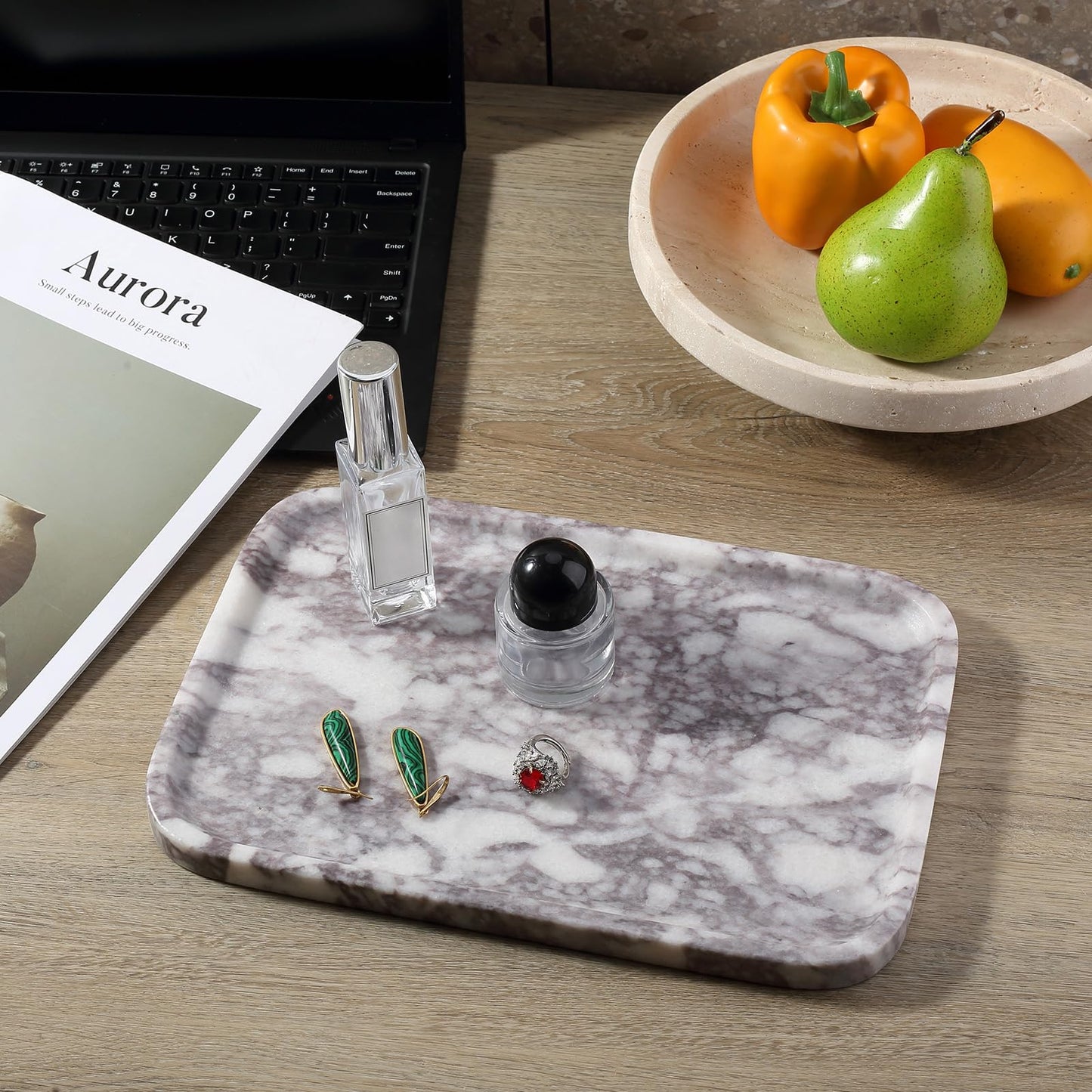 Karibiber Luxury Marble Vanity Tray, Bathroom Tray Countertop, Calacatta Marble/Stone, Home Decorative Dresser Organizer, Storage for Kitchen Sink, Perfume Jewelry Holder(Purple&White)