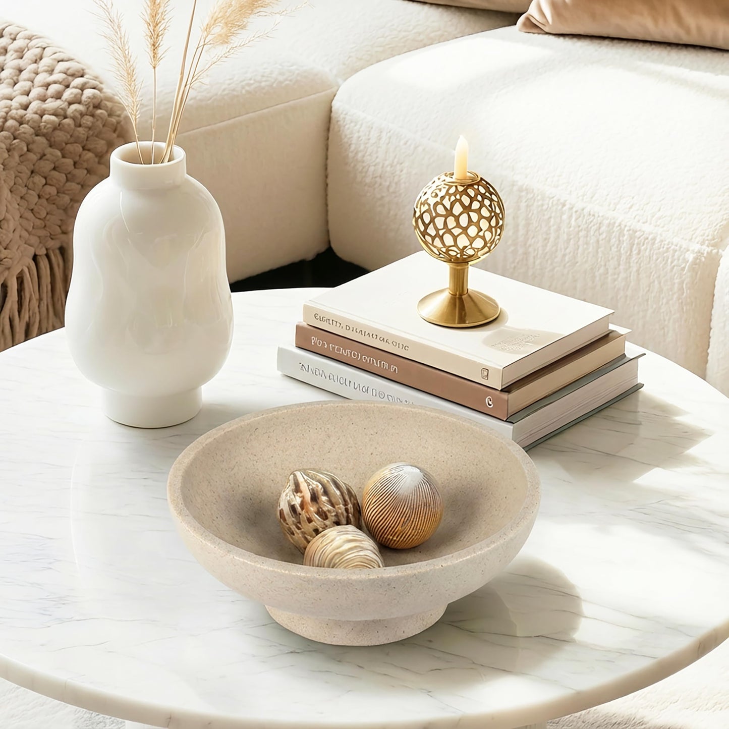 Plukers Catch All Decorative Fruit Bowl with Pedestal —Key, Purse & Trinket Holder | Entryway Table, Kitchen Counter, Coffee Console Decor | Modern Minimalist Artificial Stone Beige