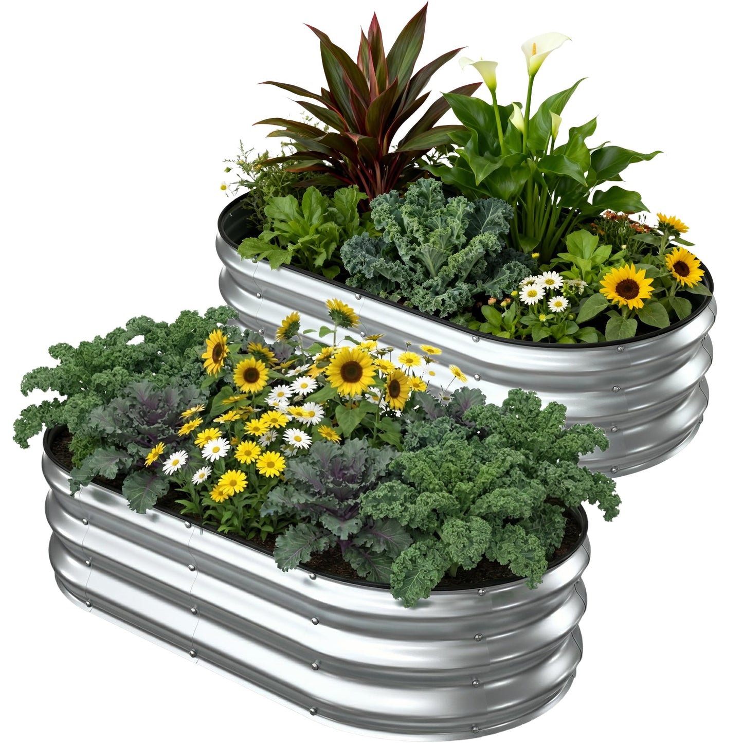 Patiobay 2 Pack 4x2x1FT Galvanized Raised Garden Beds,Raised Garden Bed with Safety Edging and Gloves,Oval Metal Planter Box for Gardening Vegetables Flowers Herb-Silver