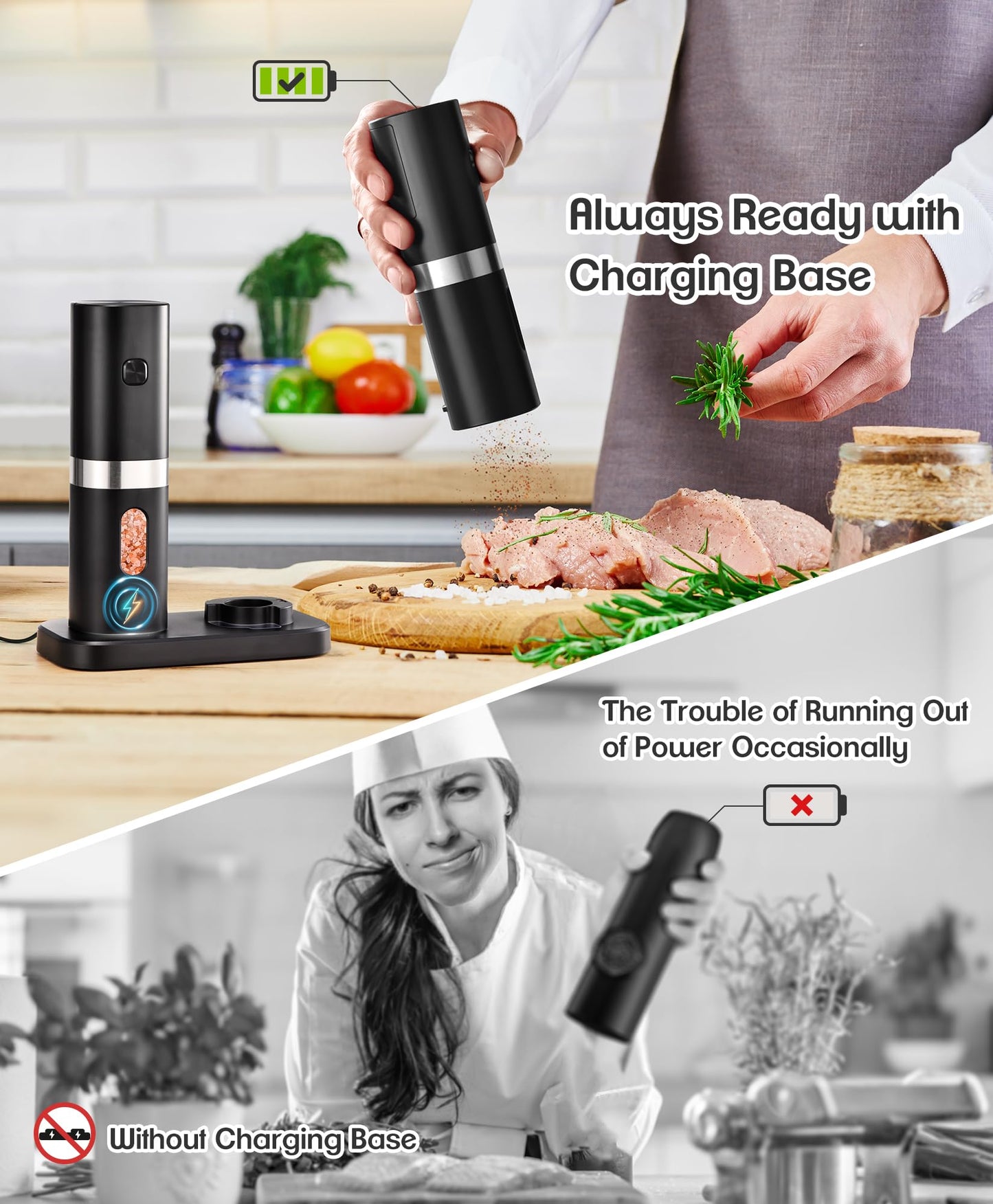 Electric Salt and Pepper Grinder Set, New Rechargeable Salt and Pepper Mill with Charging Base, Adjustable Coarseness Shakers with LED Light, One Hand Operation for Kitchen Appliances Gifts for Women