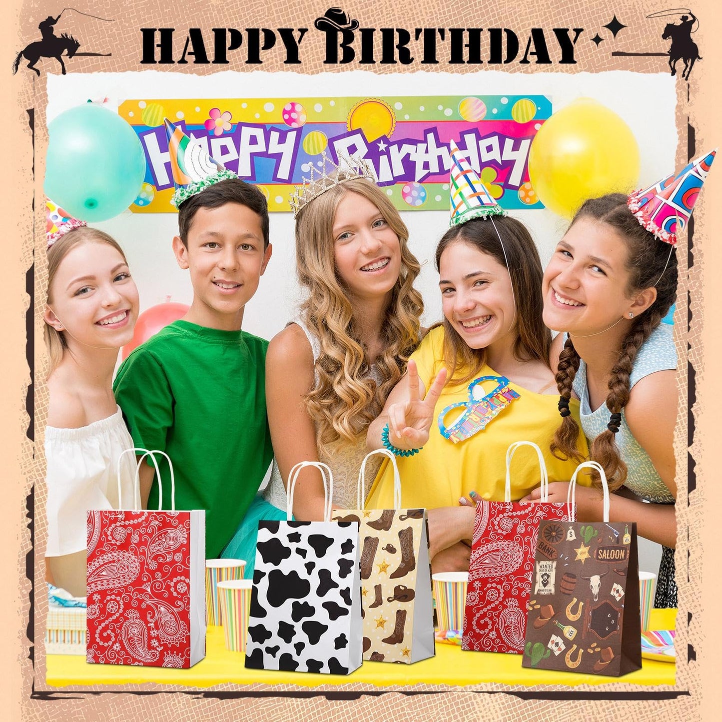 Marspark 24 Pcs Western Cowboy Party Favor Gift Bags Rustic Hat Boots Paisley Goodies Treat Paper Totes with Handle for Birthday Christmas Party, 4 Styles