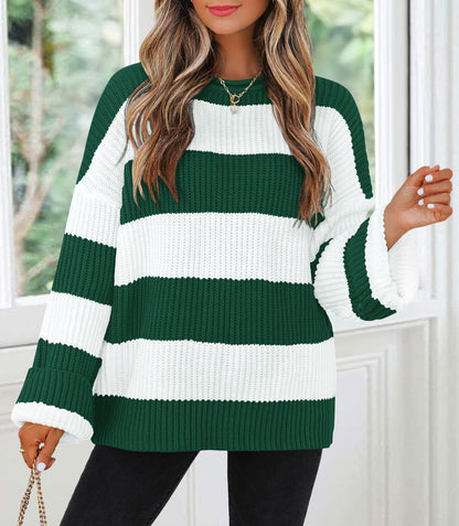 ZESICA Women's 2025 Fall Long Sleeve Oversized Striped Color Block Comfy Loose Crew Neck Knitted Pullover Sweater