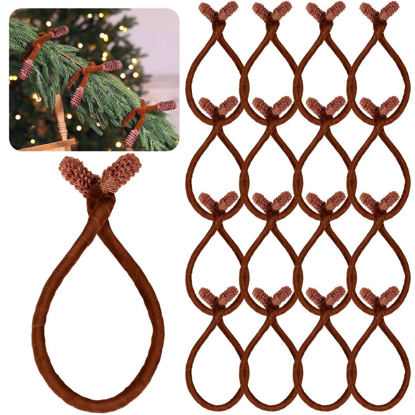 Jutom 16 Pcs 20 Inches Christmas Velvet Garland Ties Decorative Banister Twist Ties Reusable and Flexible for Xmas Light Banisters Home Stairways Railings Decoration(Brown)