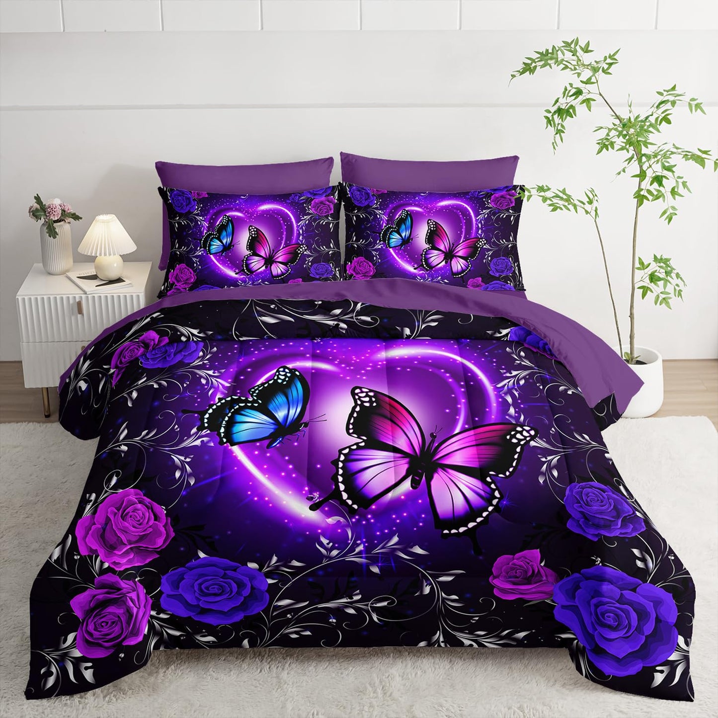 Tuzaovy Purple Butterfly Comforter Set 7 Piece Queen Size Bed in A Bag,Dreamy Butterfly Bedding for Girls Room Decor,Soft Microfiber Comforter with Fitted Sheet,Flat Sheet, Pillowcases & Shams
