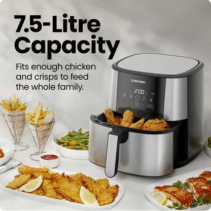 Chefman TurboFry® Touch Air Fryer, XL 7.5 Litre Family Size, 1800W Power, 4 Presets, Uses No Oil, Nonstick Dishwasher-Safe Parts, Automatic Shutoff, Stainless Steel, Uk