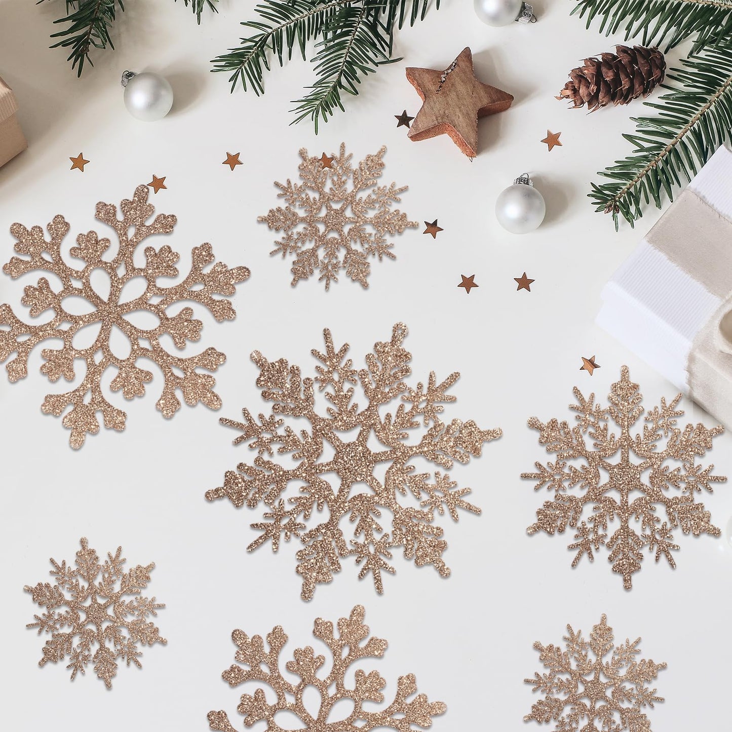 36 Pack Champagne Snowflake Ornaments Plastic Glitter Snow Flakes Ornaments for Winter Christmas Tree Decorations Size Varies Craft Snowflakes