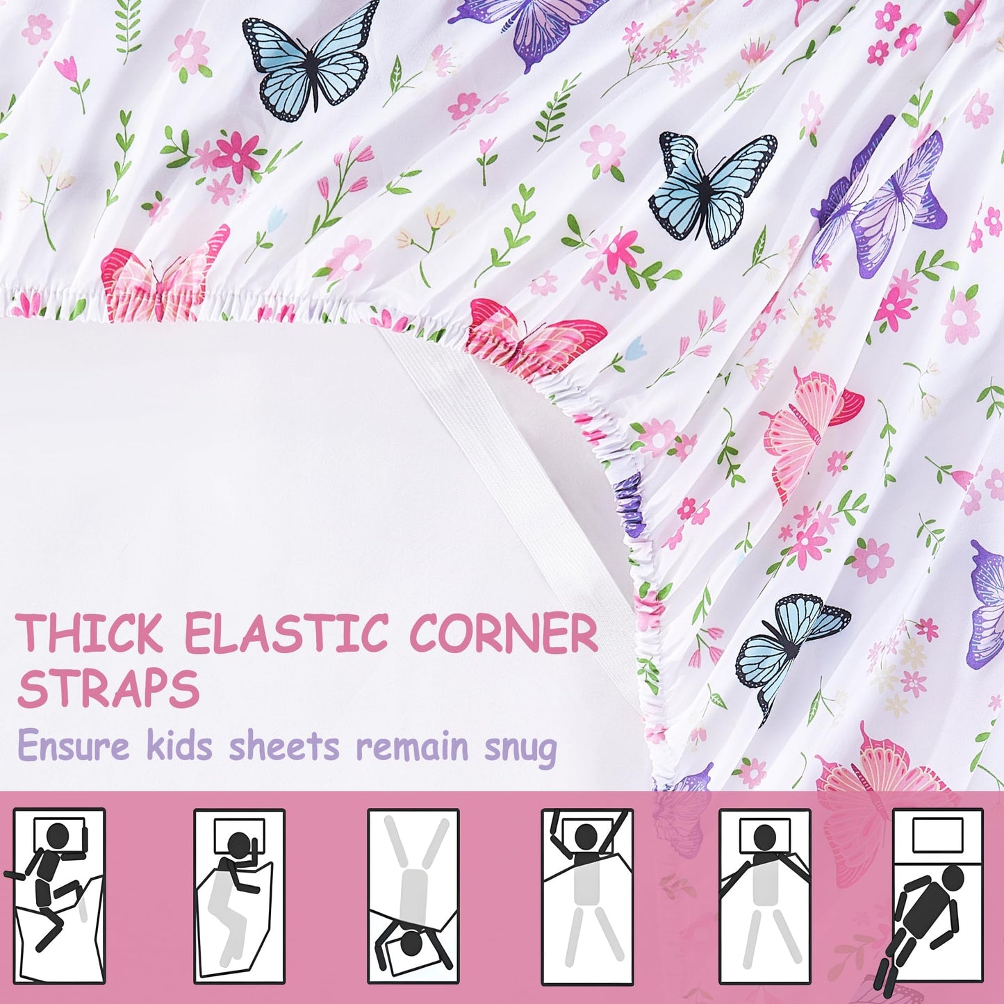 Softan Kids Bed Sheet Set, 4-Piece Full Size Sheets, Microfiber Fitted Sheet with Corner Straps, Breathable & Silky Soft Butterfly Flower Printed Sheet and Pillowcase Sets