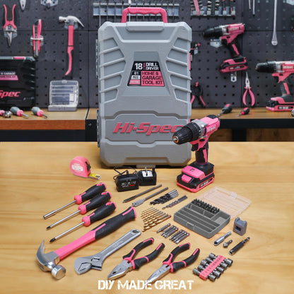 Hi-Spec 81pc Pink 18V Cordless Power Drill Driver Kit for DIY Projects