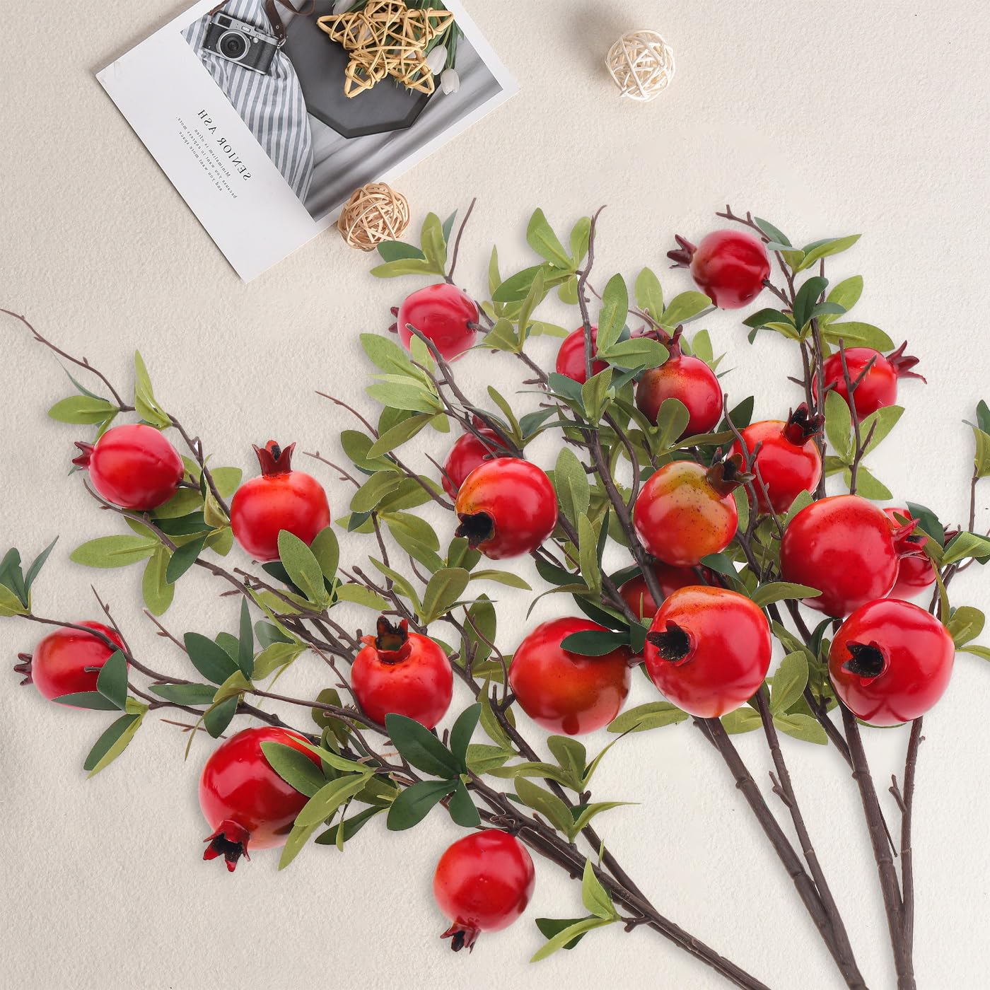Woration 3PCS Artificial Pomegranate Tree Branches 37.4 inch Fake Vivid Fruit Pomegranate Berries Branches Lifelike Props Vase Home Party Decoration