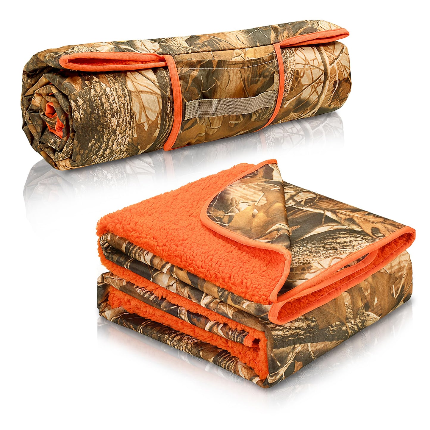 Tirrinia Waterproof Outdoor Blanket with Sherpa Lining, Windproof Triple Layers Warm Comfy Foldable for Camping Stadium, Sports, Picnic, Grass, Travel, Camo Orange Emergency Car Blanket 51''X 59''