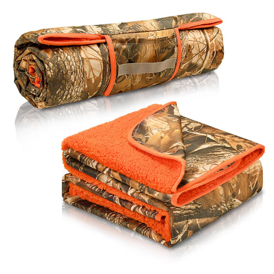 Tirrinia Waterproof Outdoor Blanket with Sherpa Lining, Windproof Triple Layers Warm Comfy Foldable for Camping Stadium, Sports, Picnic, Grass, Travel, Camo Orange Emergency Car Blanket 51''X 59''
