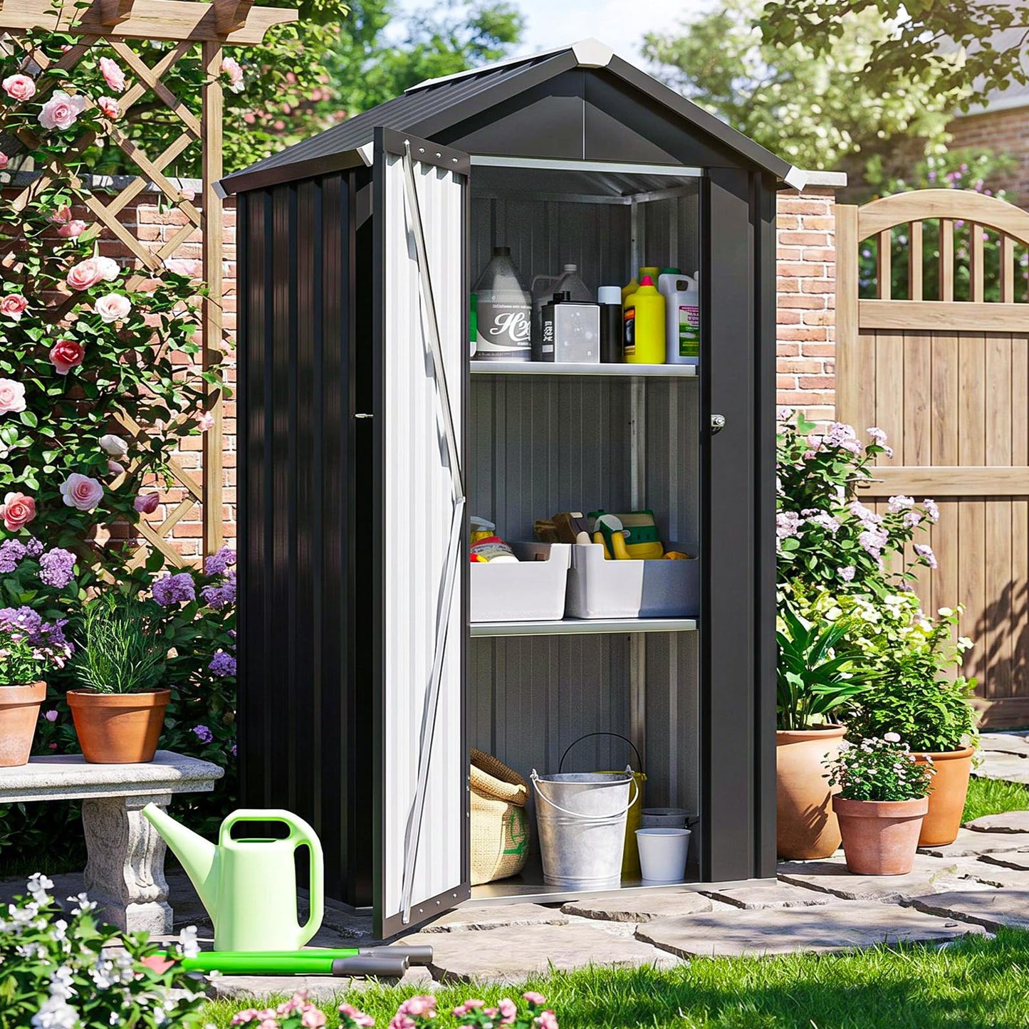Aoxun Vertical Metal Tool Cabinet 2.5x2FT, 21 Cu.Ft Weatherproof Outdoor Storage Shed with Floor & Adjustable Shelves, Space-Saving Design for Garden, Garage, Patio