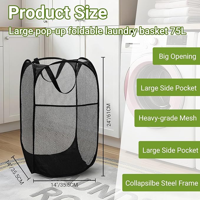 BATTOO Deluxe Strong Mesh Pop up Laundry Hamper Basket