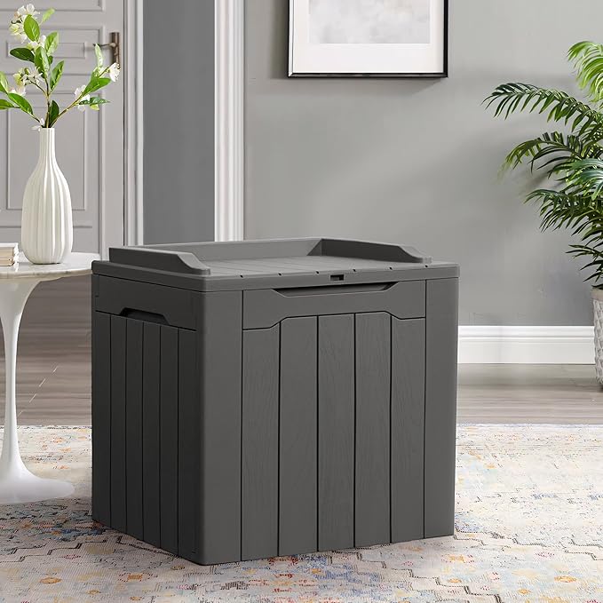 Flamaker Deck Box 31 Gallon Waterproof Resin Small Deck Box with Lid, Indoor Outdoor Package Delivery Box, Organization and Storage for Patio Furniture, Garden Tools, Outdoor Cushions (Grey)
