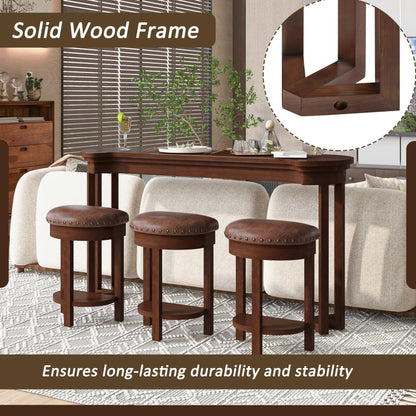 KEIKI 60" Solid Pine Wood Bar Table Set with 3 PU Stools Chairs, Long Bar High Top Dining Table & Upholstered Stools, Behind Couch Sofa Counter Height Pub Table for Breakfast, Kitchen Living Room