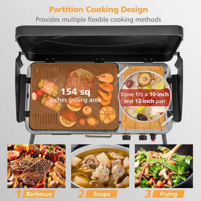 Moccha 2-Burner Propane Camping Stove - Portable Camp Grill w/Dual Control Knobs, Detachable Legs, 3-Sided Wind Screen, 20,000 Total BTUs, Outdoor Grill Stove for Tailgating BBQ Picnic (Black)