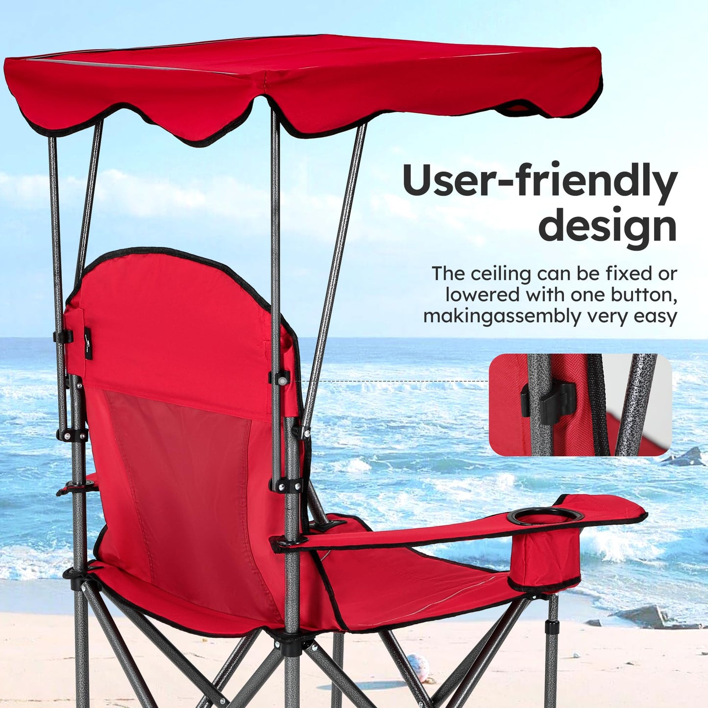 ALPHA CAMP Heavy Duty Canopy Camping Chair, 350 lbs Capacity Oversized Folding Chair with Adjustable Sunshade, Portable Sunshade Chair with Cup Holder for Beach, Fishing, Outdoor,2PC,Red