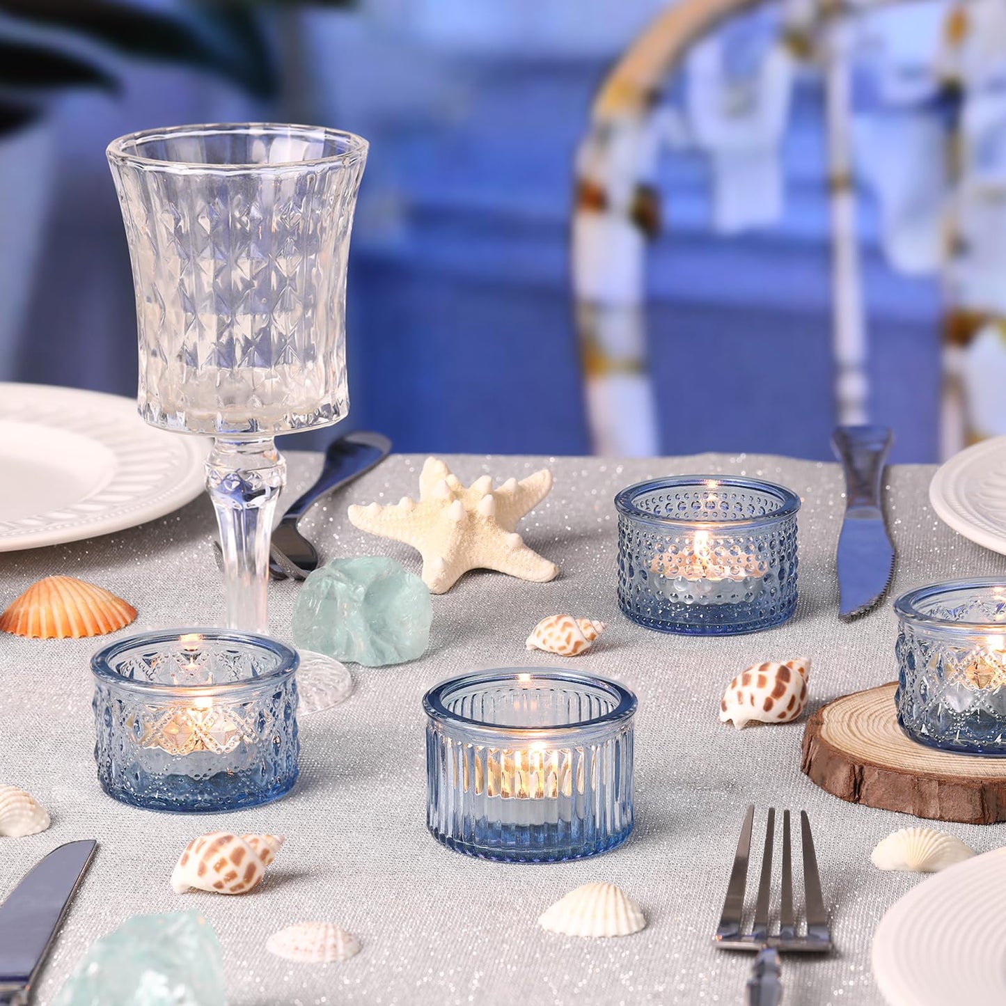 Lanttu 15 Pcs Glass Blue Tealight Candle Holders 2.17"x1.38"