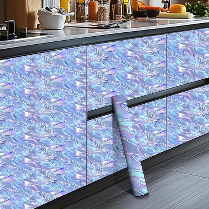 HOMETITUTE Shimmering Lilac Blue Wave Pattern Wallpaper Peel and Stick Contact
